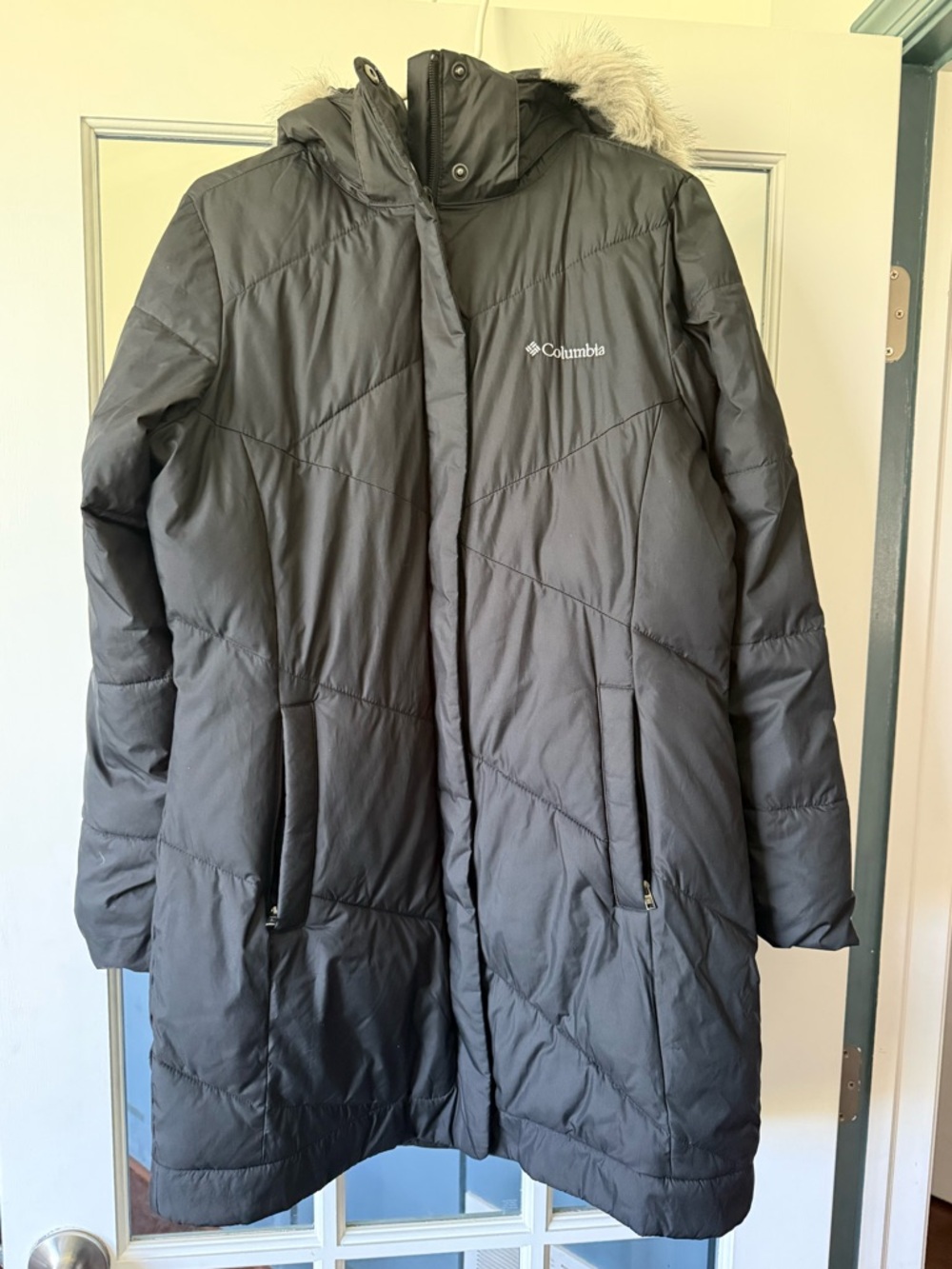 Columbia Black Long Quilted Puffer Coat with Faux Fur Hood